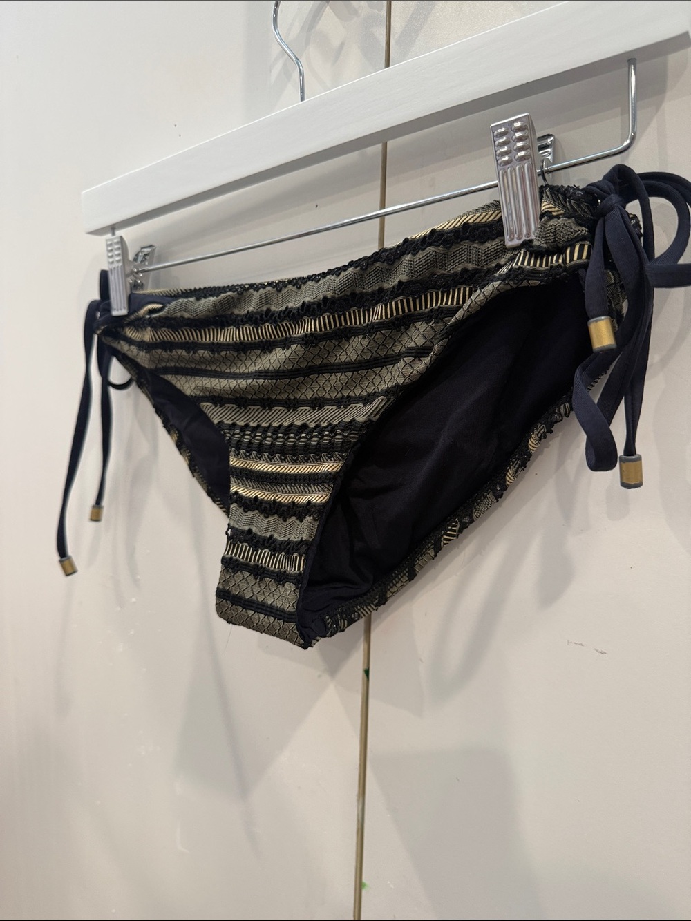 Vitamin A Black and Gold Striped Tie-Side Bikini Bottoms
